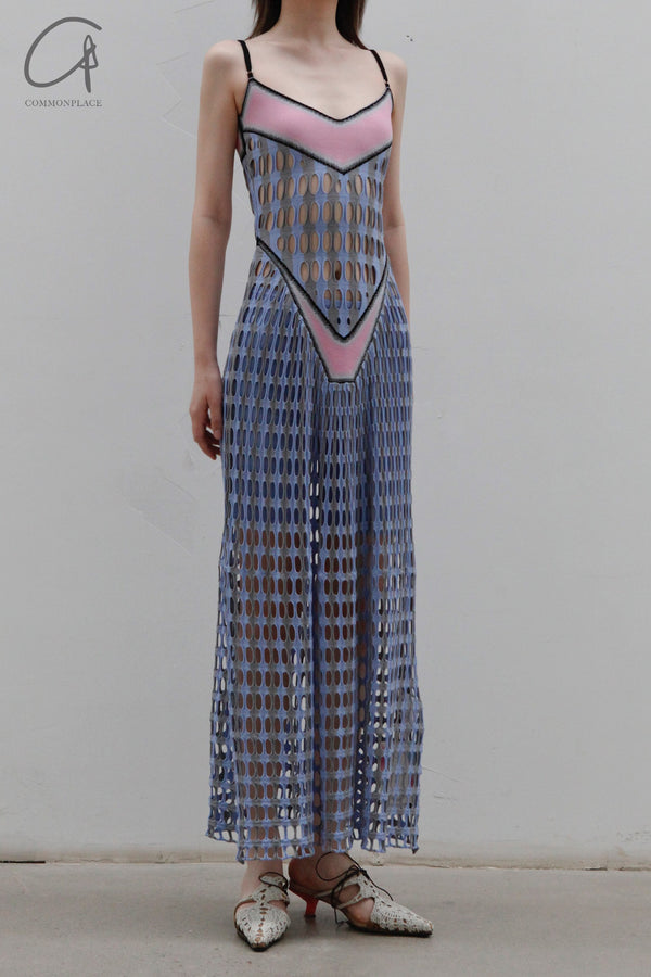NAN KNITS Two-tone eyelet suspender long skirt with inner wear NAN-22051651-LAN Blue
